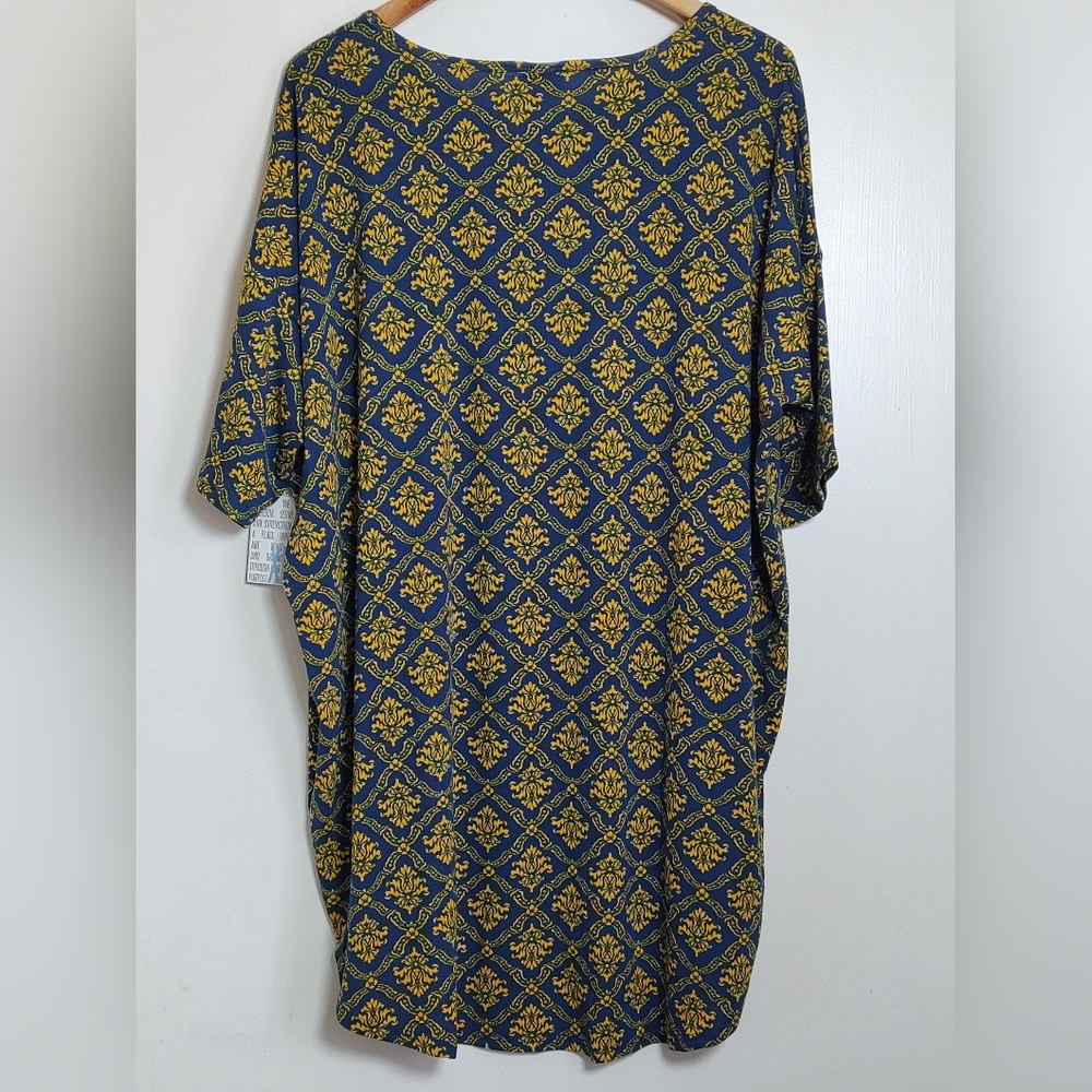 Lularoe Irma Elegant Blue and Yellow Patterned Women's Top - Picture 5 of 5